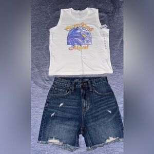 Old Navy White Tee with Graphic and Dark Blue Denim Shorts